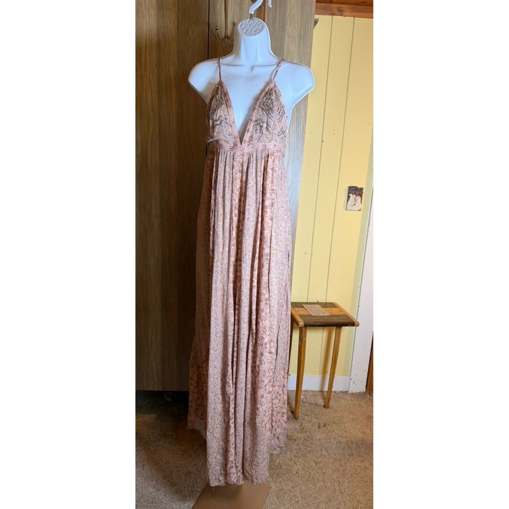 422. Free People Boho Floral Sequin Embellished Maxi Dress Pink Boho Open Back - Picture 3 of 8